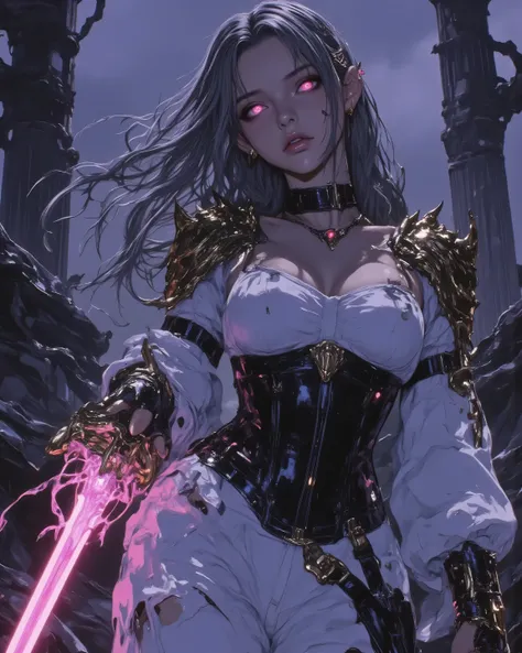 “A highly detailed digital illustration of Velaris, seductive dark elf warrior with deep shadowy gray-purple skin evoking midnight twilight—richly textured, non-reflective, dusky ethereal allure; no pale/white tones, cool ominous violet-gray hue throughout...