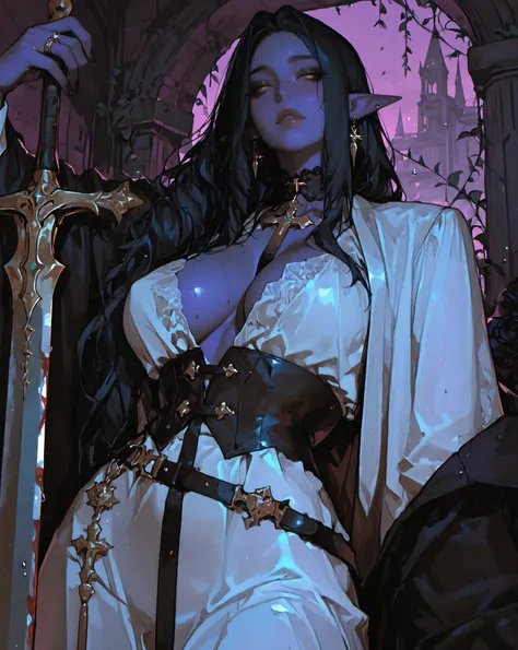 「Highly Detailed Digital Illustration of Veralis, Fascinating Dark Elf Warrior、((holds a sword))Deep grey purple skin with deep shadows reminiscent of midnight twilight — rich texture against misty ancient elf ruins, Non-reflective, Dusky Aetherial Allure;...