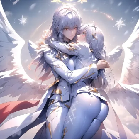  Anime couple hugging and kissing , long red scarf , Hombre en traje formal que lleva una white lab coat and platinum sobre el hombre,Red Eyes, cabello largo color platino anime angel con alas y un halo por encima de la cabeza, anime wallpapers , bíblico p...