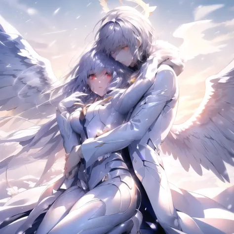  Anime couple hugging and kissing , long red scarf , Hombre en traje formal que lleva una white lab coat and platinum sobre el hombre,Red Eyes, cabello largo color platino anime angel con alas y un halo por encima de la cabeza, anime wallpapers , bíblico p...