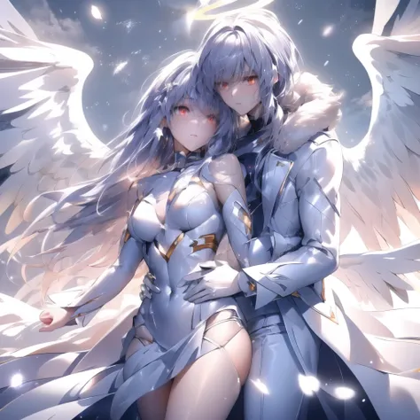  Anime couple hugging and kissing , long red scarf , Hombre en traje formal que lleva una white lab coat and platinum sobre el hombre,Red Eyes, cabello largo color platino anime angel con alas y un halo por encima de la cabeza, anime wallpapers , bíblico p...
