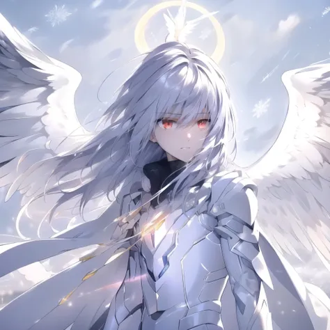  Anime couple hugging and kissing , long red scarf , Hombre en traje formal que lleva una white lab coat and platinum sobre el hombre,Red Eyes, cabello largo color platino anime angel con alas y un halo por encima de la cabeza, anime wallpapers , bíblico p...