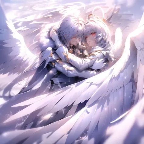  Anime couple hugging and kissing , long red scarf , Hombre en traje formal que lleva una white lab coat and platinum sobre el hombre,Red Eyes, cabello largo color platino anime angel con alas y un halo por encima de la cabeza, anime wallpapers , bíblico p...
