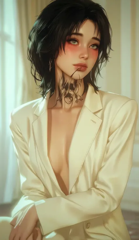 A striking figure seated in quiet defiance — short, tousled black hair frames a face etched with mystery. Clad in a white suit with a daring neckline, the subject exudes elegance and edge. One leg extended, the other bent in repose, black heels anchor the ...