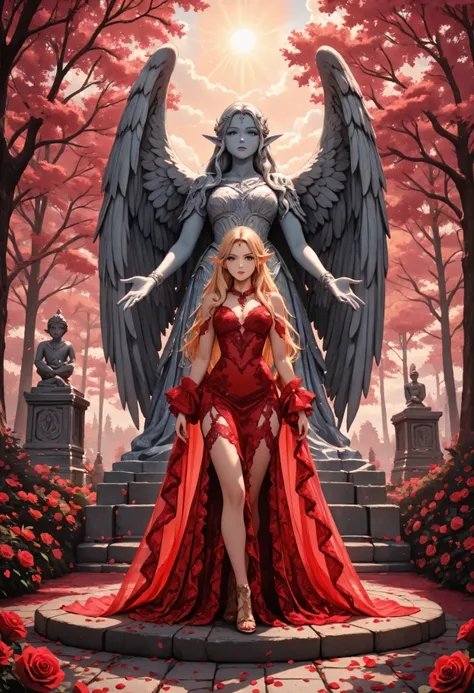 Movie Still,Film Still,Cinematic,Cinematic Shot,Cinematic Lighting,Aesthetic_PDXL,, (red petals: 1.3) falling from the sky on a beautiful female elf  standing in forest, cloud of red petals swirling around the elf, full body, beautiful elf, long hair stran...
