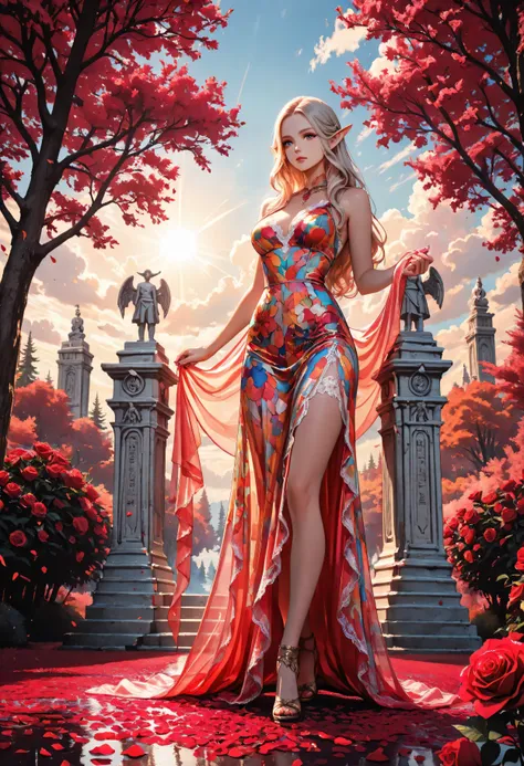 Movie Still,Film Still,Cinematic,Cinematic Shot,Cinematic Lighting,Aesthetic_PDXL, red petals falling from the sky on a beautiful female elf,  full body, long hair strands, wearing lace dress, colorful dress, standing in forest, cloud of red petals swirlin...