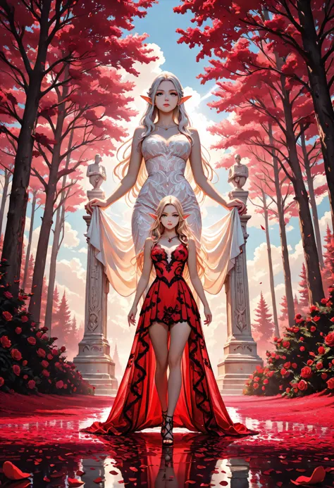 Movie Still,Film Still,Cinematic,Cinematic Shot,Cinematic Lighting,Aesthetic_PDXL, red petals falling from the sky on a beautiful female elf,  full body, long hair strands, wearing lace dress, colorful dress, standing in forest, cloud of red petals swirlin...
