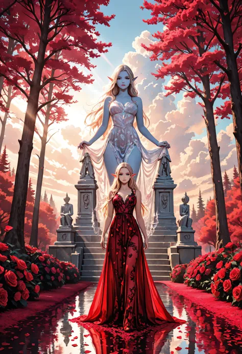 Movie Still,Film Still,Cinematic,Cinematic Shot,Cinematic Lighting,Aesthetic_PDXL, red petals falling from the sky on a beautiful female elf,  full body, long hair strands, wearing lace dress, colorful dress, standing in forest, cloud of red petals swirlin...