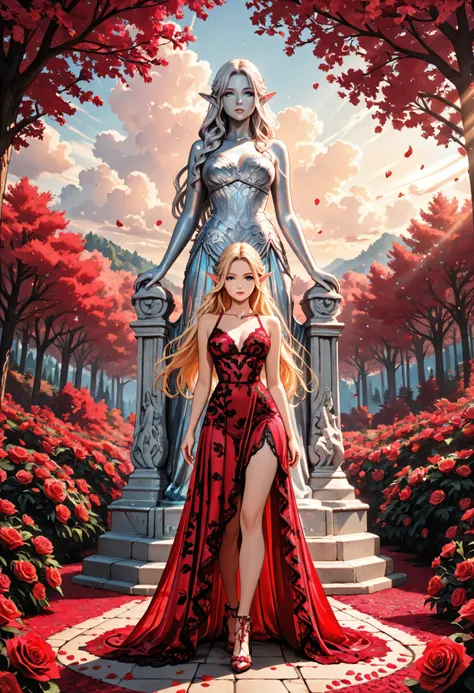 Movie Still,Film Still,Cinematic,Cinematic Shot,Cinematic Lighting,Aesthetic_PDXL, red petals falling from the sky on a beautiful female elf,  full body, long hair strands, wearing lace dress, colorful dress, wearing high heels, standing in forest, cloud o...