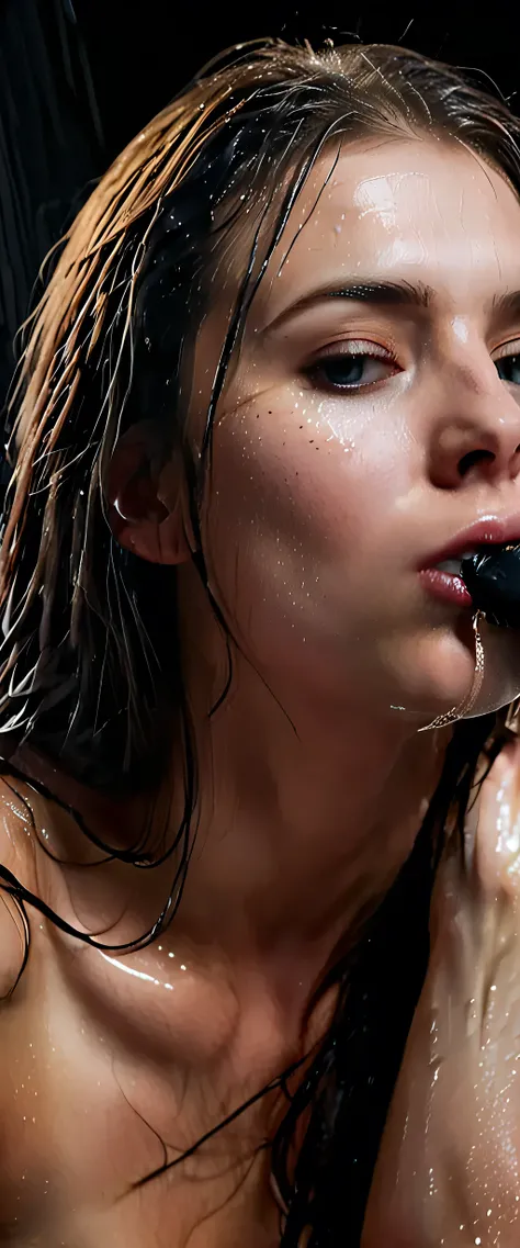 EpiC35mm, a close-up of the girl's full nude body, ((deep_throat_blowjob to (huge_extremely_realistic_dildo)),The dark background accentuates the overall somber and gloomy atmosphere. The girl's disheveled, wet hair clung to her face, highlighting facial d...