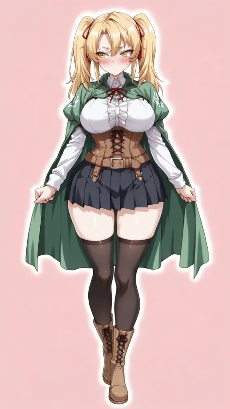 (dark,pink light:1.2),,simple_background,twintails, ribbon, red ribbon,green cape, pleated skirt, belt, underbust, puffy sleeves, black thighhighs,,,(short girl,curvy),,(full body:1.3),(blush body),magetano\(thecurseofkubel)\, blonde hair,long hair, large...
