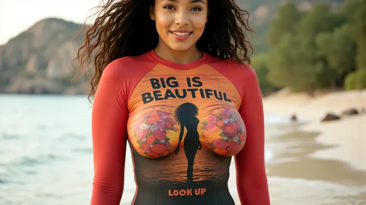 busty, Body paint, photorealistic photo, atmospheric perspective, full body perspective, sunny summerday, a stunning beautiful American girl is bodypainted a full body red fading to orange T-shirt with long sleeves and a playful and humorous graphic design...