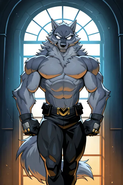 "A muscular anthropomorphic wolf character, in a detailed comic book style similar to DC or Marvel comics. The wolf is shirtless, showing defined but not exaggerated muscles, with short fur and a confident expression. He wears tactical black pants with glo...