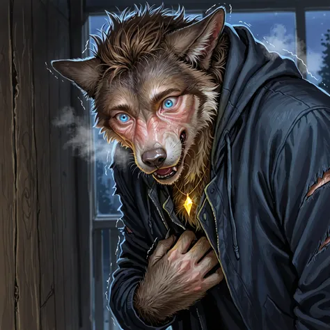 Mutated:1.2, hand to chest, grabbing jacket, ultra closeup face:1.3, head down, close-up detailed eyes:1.3, view from down:1.3, transformation into a wolf, mid transformation, brown hair:0.4, beautiful face, lips, nose, cheeks, [brown fur: human skin:0.2],...