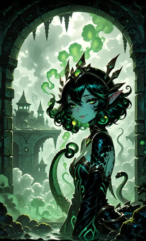 masterpiece, best quality, very aesthetic, absurdres, 8k, dramatic lighting, high contrast, 1girl, Cassiopeia from League of Legends, beautiful serpent woman, cunning smile, seductive expression, lower body is serpent tail, scales, (claustrophobic dungeon:...