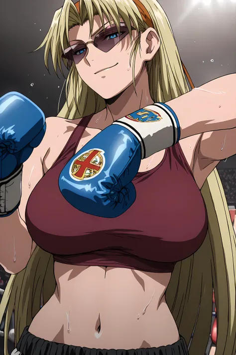 ,high calidad, Perfect Anatomy, masterpiece,aesthetic,Ultra HD, 100 fps ,<lora:Eda_SDXL_IL_V1:1>,e1d22,1girl,solo,blonde hair,long hair,straight hair,orange hairband,blue eyes,sunglasses,boxing gloves,large breasts,pink crop top, midriff, navel, sweating, ...