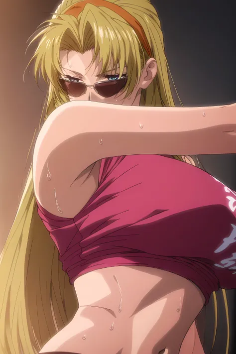 1girl, solo, young mature, <lora:Eda_SDXL_IL_V1:1>,e1d22,1girl,solo,blonde hair,long hair,straight hair,orange hairband,blue eyes,sunglasses,large breasts,pink crop top,clothes writing, navel, midriff, sweating