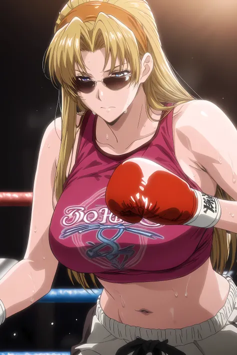 1girl, solo, young mature, <lora:Eda_SDXL_IL_V1:1>,e1d22,1girl,solo,blonde hair,long hair,straight hair,orange hairband,blue eyes,sunglasses,large breasts,pink crop top,clothes writing, boxing gloves,navel, midriff, sweating