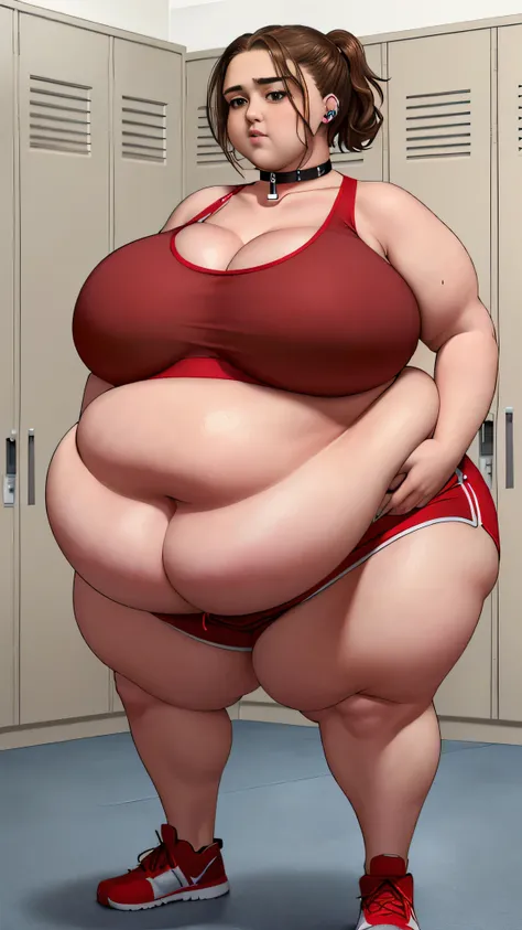 Maisie Williams, (Maisie Williams:1.5), masterpiece quality, (masterpiece quality:1.3), realistic, (realistic:1.5), detailed, 1girl, solo, (solo:1.9), brown hair, (brown hair:1.5), bobbed hair, (bobbed hair:1.5), in a gym locker room, (in a gym locker room...