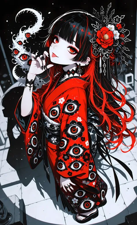 abstract, surreal, colorful, extra mouth, extra eyes, masterpiece, ultra-HD, very aesthetic, 8K, high detail, highres, 1girl, solo, red hair, japanese clothes, kimono, red eyes, multicolored hair, black hair, jewelry, hair ornament, looking at viewer, ring...