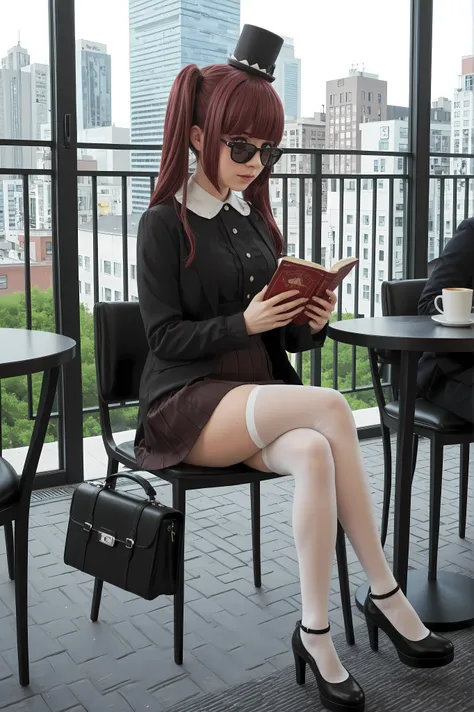 Quality like the picture, Super Detailed, 8K Wallpaper, Cafe Terrace Seats, Hanazono Yurine, white stockings, legs crossed, Woman reading a book, Hide your face with sunglasses and a hat, briefcase hidden under the table, with Eyes Wary of Her Surrounding,...