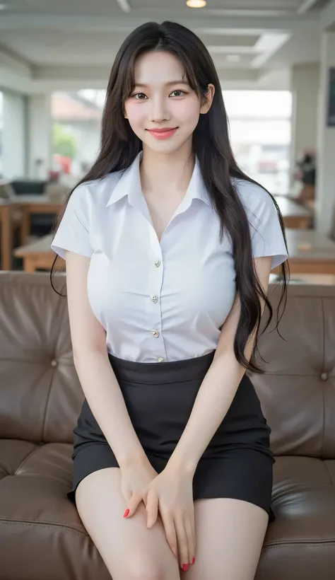 an adult woman, sitting on the living room sofa, body facing the camera, POV from front of body, smiling face looking at the camera, wears white formal shirt, kemeja satin, kemeja ketat, Short sleeve shirt, rok mini hitam, low ponytail hair, rambut hitam, ...