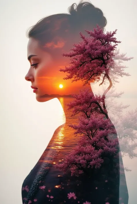 High Quality, 8K Ultra HD, Beautiful double exposure combining the silhouette of the goddess with the sunset coast, with the sunset coast as a backdrop with details included in the goddess, sharp lines, monochrome background, sharp focus, double exposure b...