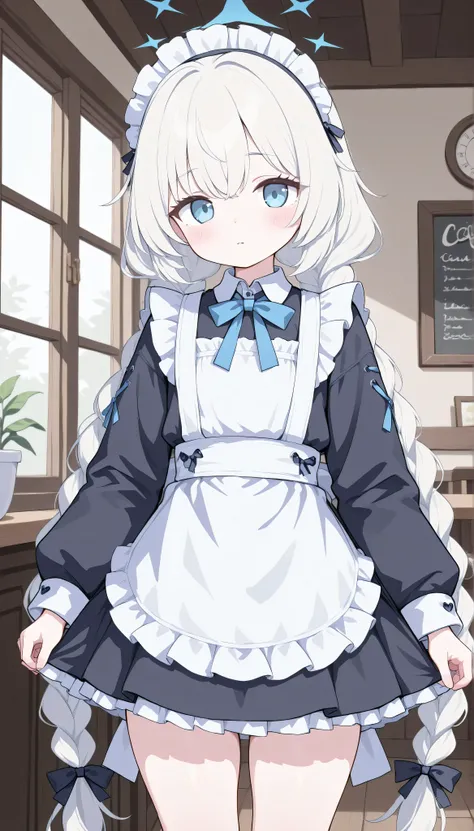 Tachiki Maia,white hair,blue eyes,very long hair,twin braids,halo,loli,　　solo, I can see my eyebrows from the inside of my hair, hair between eyes,　  masterpiece, Best Quality, very aesthetic, thick thighs, Wide pelvis,    blush,　madi apron, maid, maid hea...