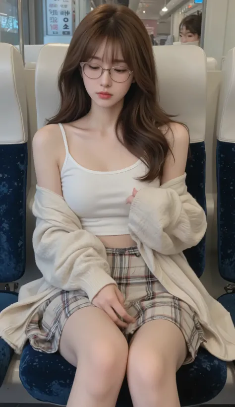 ((Highest quality、Masterpiece、 High sensitivity 、high resolution、Detailed description、exquisite face depiction、Ｆvalue：6.0)),((slim woman、wearing glasses)),advanced digital art 、tank top、Plaid miniskirt、Summer cardigan、sitting on the opposite seat of the tr...