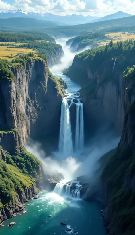 A high-altitude drone shot showing a massive cliff with a large lake at the bottom. On top of the cliff, clearly separated and far apart, flow three straight rivers. The first river is on the left and flows from north to south. The second river is in the m...