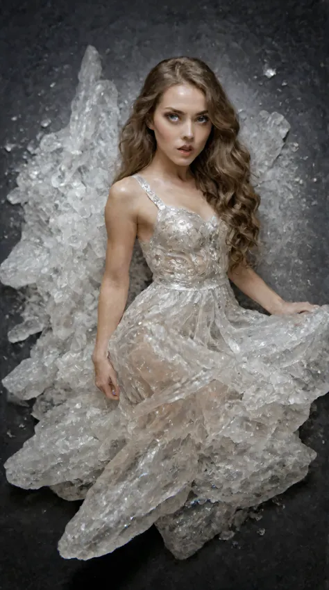 Ultra-crystalistic, dark background, high contrast, cmth fashion, cmth digital art, crystal dress, crystal high heels. An ultra attractive young woman with very long brown wavy hair,  wearing a dress and high heels made entirely out of is made completely o...
