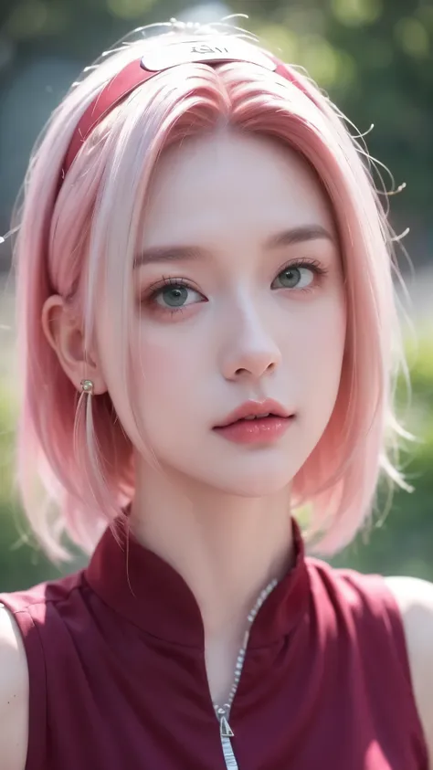 A full body portrait of a young kunoichi inspired by a pink-haired medical ninja. She has bright pastel pink hair, emerald-green eyes, and a calm yet confident expression. Her lips are colored with vivid red lipstick, enhancing her beauty. She wears a slee...