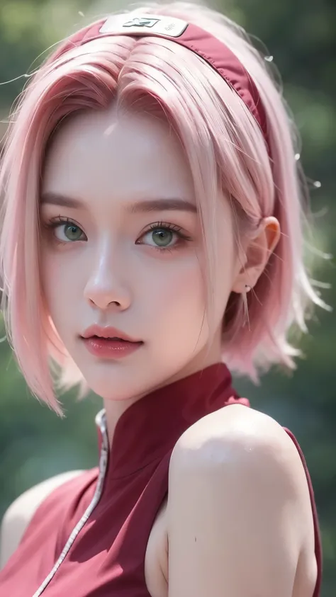 A half-body portrait of a young kunoichi inspired by a pink-haired medical ninja. She has bright pastel pink hair, emerald-green eyes, and a calm yet confident expression. Her lips are colored with vivid red lipstick, enhancing her beauty. She wears a slee...