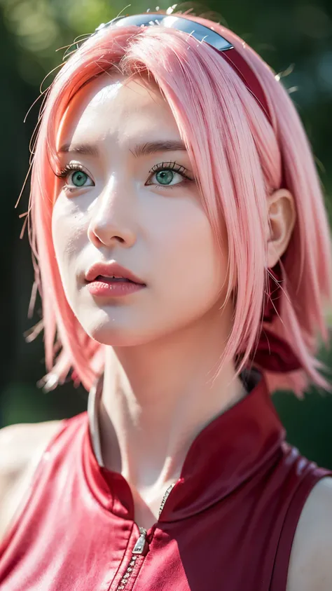 A half-body portrait of a young kunoichi inspired by a pink-haired medical ninja. She has bright pastel pink hair, emerald-green eyes, and a calm yet confident expression. Her lips are colored with vivid red lipstick, enhancing her beauty. She wears a slee...