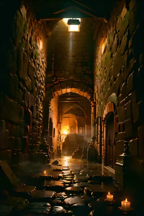 ((top quality)), ((masterpiece)), (details),  Narrow passages in ancient dungeons covered in moisture and moss、and mud spreading to the ceiling、A dim space illuminated only by the flickering flames of torches attached to the wall、Visual beauty、Texture of m...