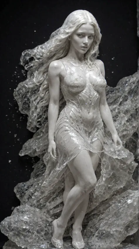 Black background, glowing, high contrast, digital art, cmth, crystal, A life size mostly clear cmth statue of a beautiful young woman who is 5ft. 7in. tall and has very long wavy hair, wearing a small dress and high heels, the statue is made completely out...