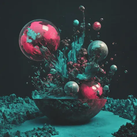 Ultra-realistic, macro photography ultra-detailed, photo-realistic, cinematic lighting, cinematic photography, spheres melt while floating photography, cinematography, full focus, UHDR, hyperrealistic,3D. Balls and orbs are quickly filling with multicolor...