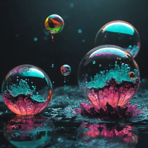 Ultra-realistic, macro photography ultra-detailed, photo-realistic, cinematic lighting, cinematic photography, spheres melt while floating photography, cinematography, full focus, UHDR, hyperrealistic,3D. Balls and orbs are quickly filling with multicolor...