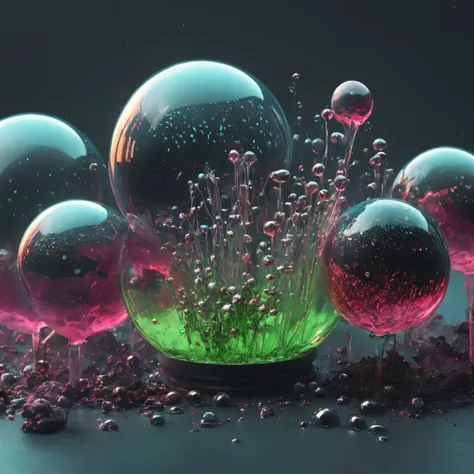 Ultra-realistic, macro photography ultra-detailed, photo-realistic, cinematic lighting, cinematic photography, spheres melt while floating photography, cinematography, full focus, UHDR, hyperrealistic,3D. Balls and orbs are quickly filling with multicolor...
