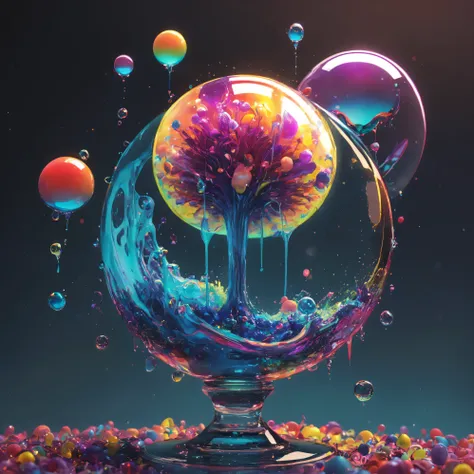Ultra-realistic, ultra-detailed, photo-realistic, cinematic lighting, cinematic geometry, cinematic photography, unusual geometrical photography, cinematography, full focus, UHDR, hyperrealistic,3D. Balls and orbs are quickly filling with multicolored liqu...