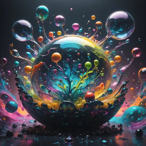 Ultra-realistic, ultra-detailed, photo-realistic, cinematic lighting, cinematic composition, cinematic photography, cinematography, full focus, UHDR, hyperrealistic,3D. Balls and orbs are quickly filling with multicolored liquid from melted candy pieces t...