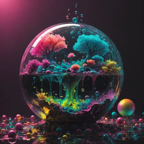 Ultra-realistic, ultra-detailed, photo-realistic, cinematic lighting, cinematic portrait, cinematic photography, portrait photography, cinematography, full focus, UHDR, hyperrealistic, 3D. Balls and orbs are quickly filling with multicolored liquid from me...