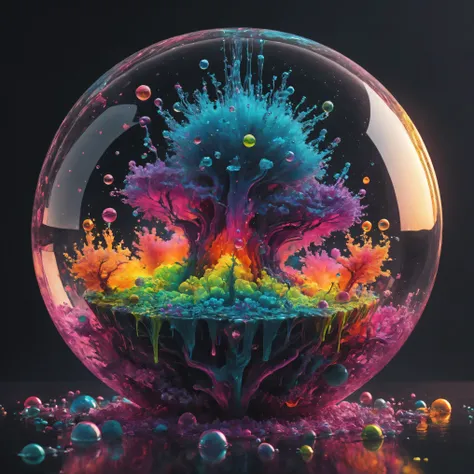 Ultra-realistic, ultra-detailed, photo-realistic, cinematic lighting, cinematic portrait, cinematic photography, portrait photography, cinematography, full focus, UHDR, hyperrealistic, 3D. Balls and orbs are quickly filling with multicolored liquid from me...