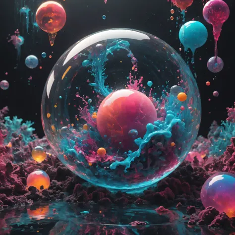 Ultra-realistic, ultra-detailed, photo-realistic, cinematic lighting, cinematic portrait, cinematic photography, portrait photography, cinematography, full focus, UHDR, hyperrealistic, 3D. Balls and orbs are quickly filling with multicolored liquid from me...