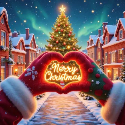 This is a photo celebrating Christmas .
Two hands in the close-up photo. The left hand depicts Santa Claus's chubby hand, wearing a fluffy knitted red snowflake pattern mitten. The right hand depicts Santa Claus's chubby hand, wearing a fluffy knitted gree...