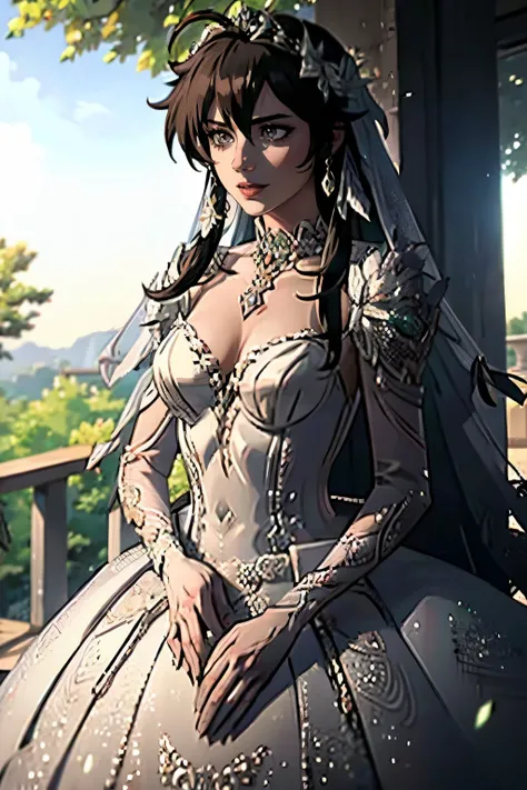 Ayra fe,  hair between eyes, ahoge, black hair, star \(symbol\), hair ornament, ruffled tulle dress, cleavage, bare shoulders, collarbone, long white elbow gloves, white gloves, white dress, white choker, strapless, tiara, veil, strapless dress, wedding dr...