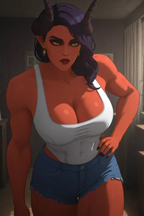  dispatch_malevola, white tank-top, dark purple hair, indoors background, huge breasts, cleavage, blue denim shorts, perfect thighs, full lips, closer up, perfect face, standing, hand on hip, hips swaying,