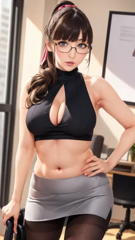 (and up to a sign with ghosts, 4K, 8K high resolution, masterpiece:1.2),  is very detailed, 1 person, Charming Beautiful Woman, (big ),(long hair),(Ponytail),((enterprise)),((works in an office)),((open your legs wide)),Sexy Vibes , Glamorous Legs, charmin...