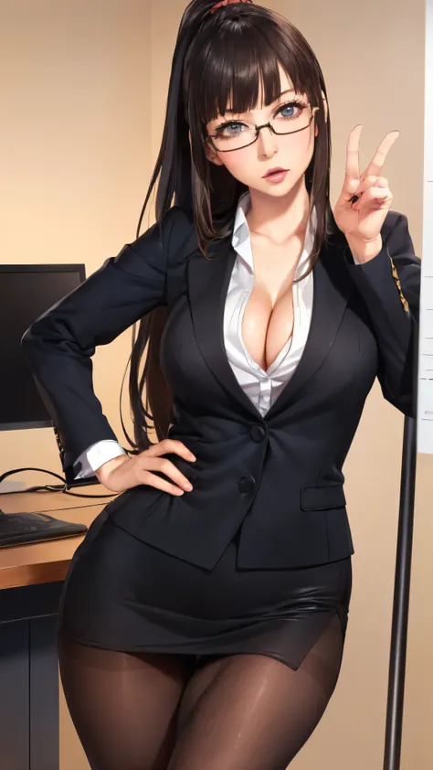 (and up to a sign with ghosts, 4K, 8K high resolution, masterpiece:1.2),  is very detailed, 1 person, Charming Beautiful Woman, (big ),(long hair),(Ponytail),((enterprise)),((works in an office)),((open your legs wide)),Sexy Vibes , Glamorous Legs, charmin...