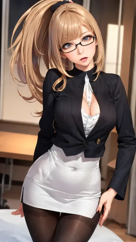 (and up to a sign with ghosts, 4K, 8K high resolution, masterpiece:1.2),  is very detailed, 1 person, Charming Beautiful Woman, (big ),(long hair),(Ponytail),((enterprise)),((works in an office)),((open your legs wide)),Sexy Vibes , Glamorous Legs, charmin...